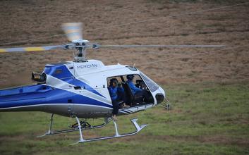 Blue and white helicopter