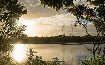 Transmission towers across a river