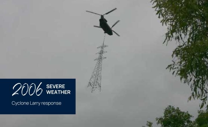 A helicopter lifting a transmission tower in front of a grey sky