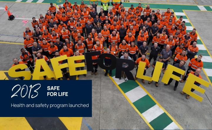 A large group of workers in high vis stands behind signs spelling 'SAFE FOR LIFE'